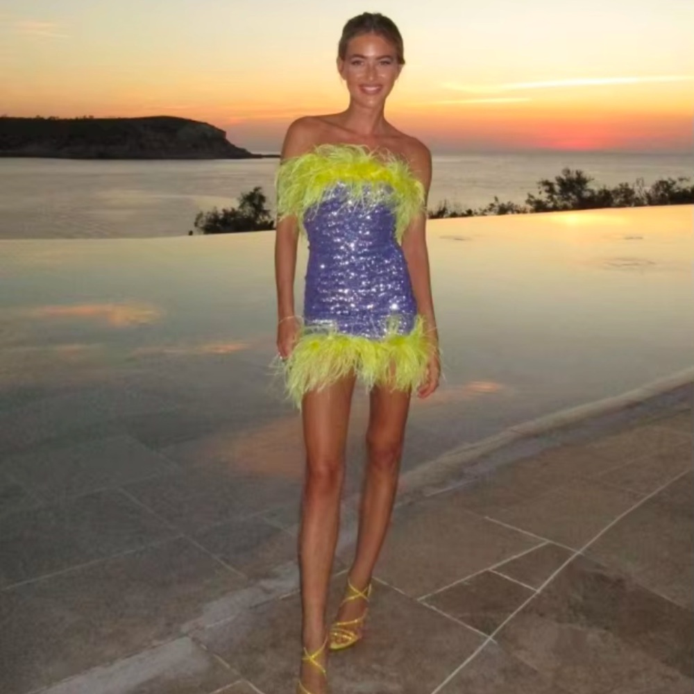 Off-Shoulder Sequin Mini Dress with Feather Trim - Purple & Neon Yellow
